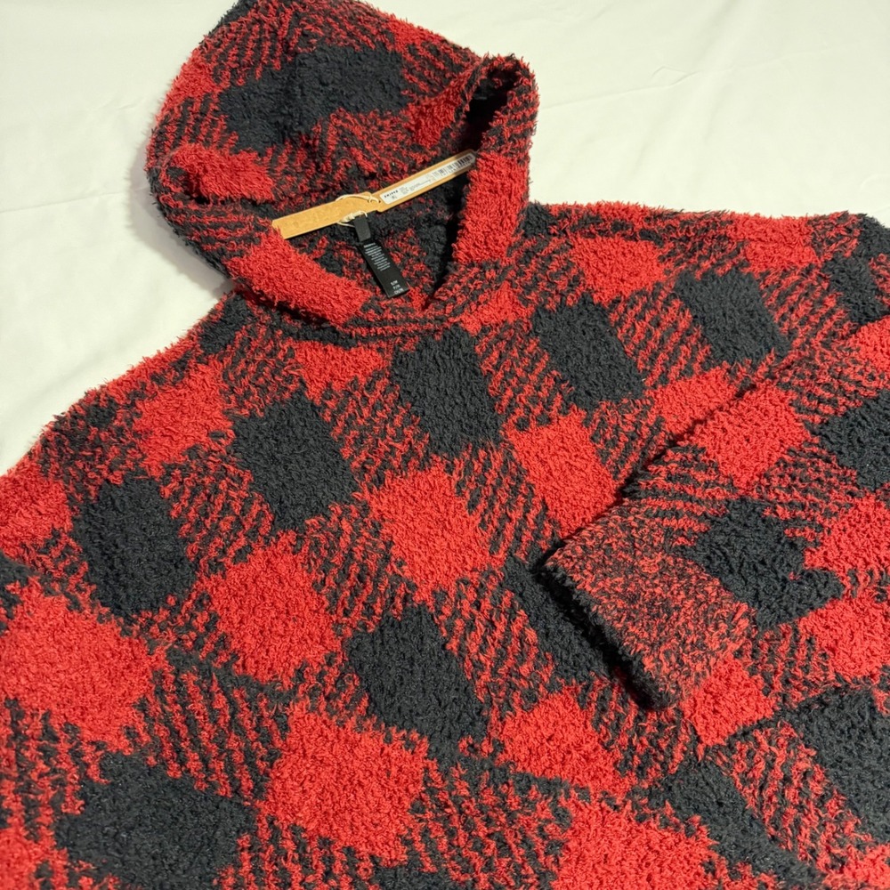 SKIMS Cozy Knit Hoodie Brick Buffalo‎ Check Red Black Plaid Size S/M NEW